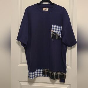 Men's Navy Blue Patchwork Tee with Plaid Accents